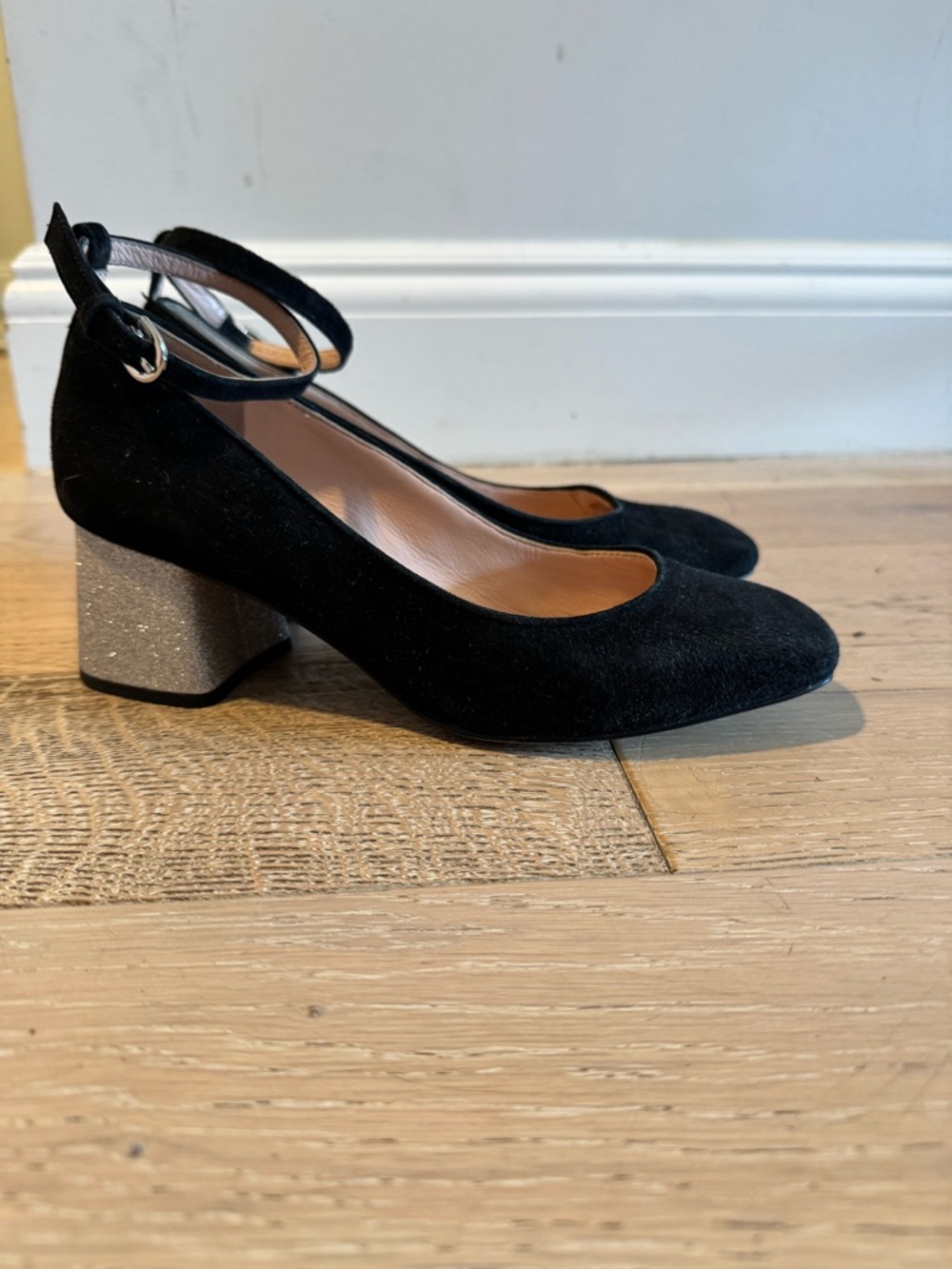 J. Crew Black Suede Ankle-Strap Pumps with Glitter Block Heel
